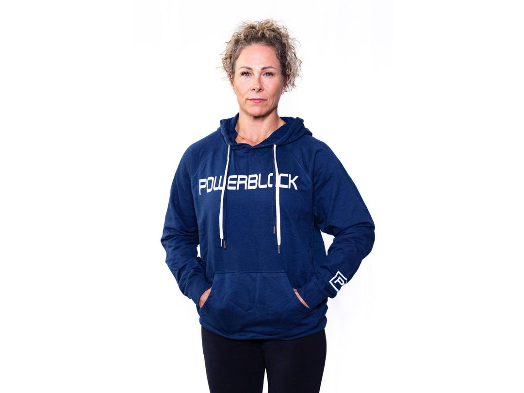 Front view of woman in PowerBlock Indigo Classic Hoodie.