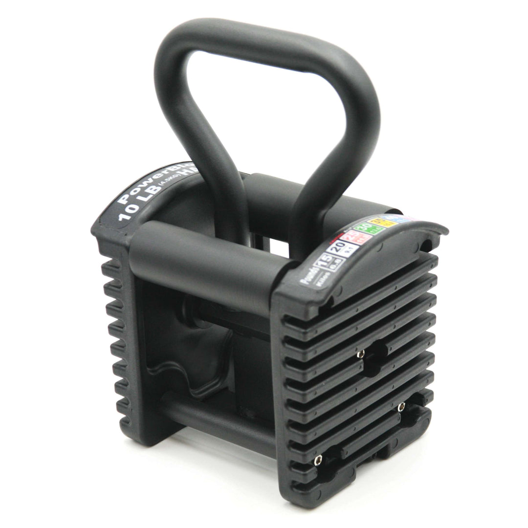 A left-facing view of a PowerBlock Pro Series kettlebell handle