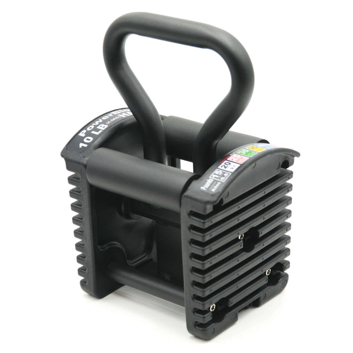 A left-facing view of a PowerBlock Pro Series kettlebell handle