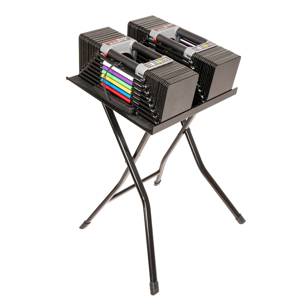 PowerBlock large compact stand for adjustable dumbbells shown with a pair of adjustable dumbbells on the stand 