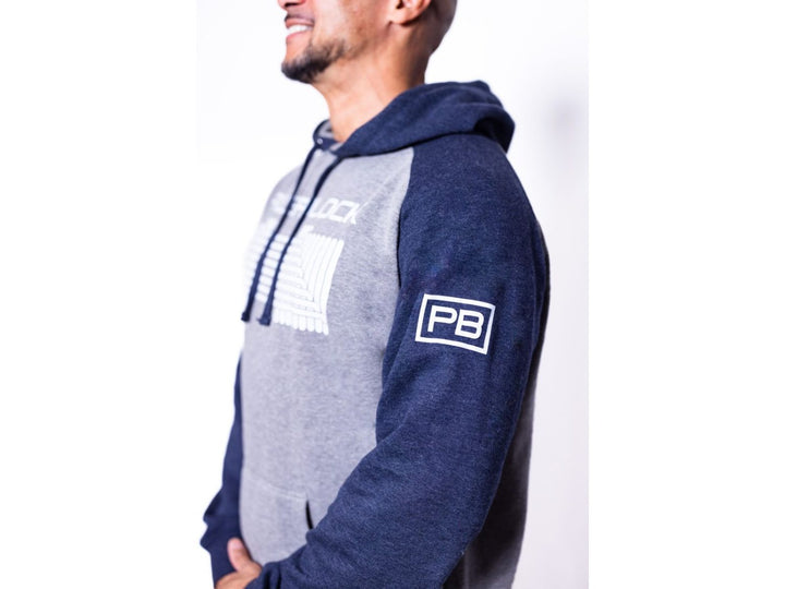 Side detail of Navy Classic Hoodie featuring PowerBlock logo.