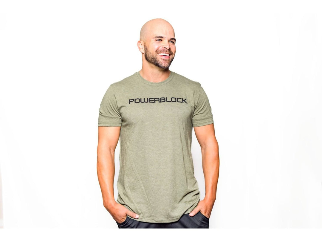 Man wearing an Olive Green Mens Tee that features the PowerBlock logo font.