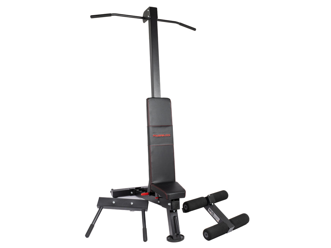 PowerBlock PowerBench 2.0 Bundle with PowerBench 2.0 workout bench and Dip, Ab, and Chin-up Attachments.