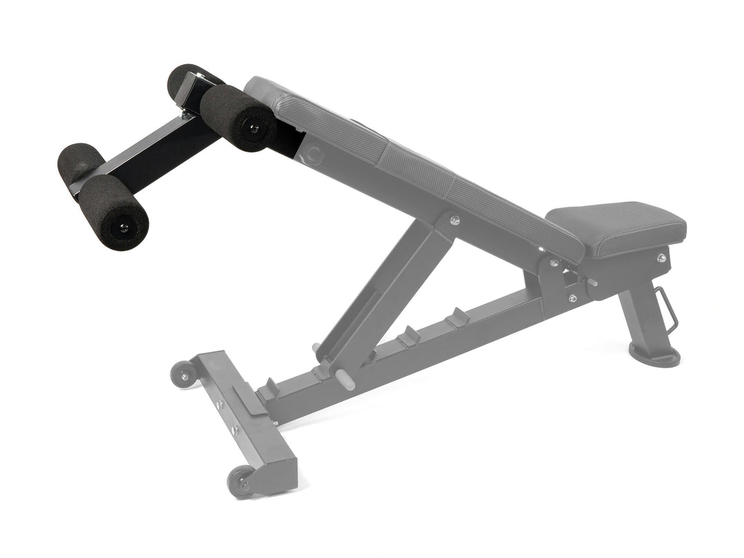 PowerBlock PowerBench 2.0 ab attachment shown attached to workout bench