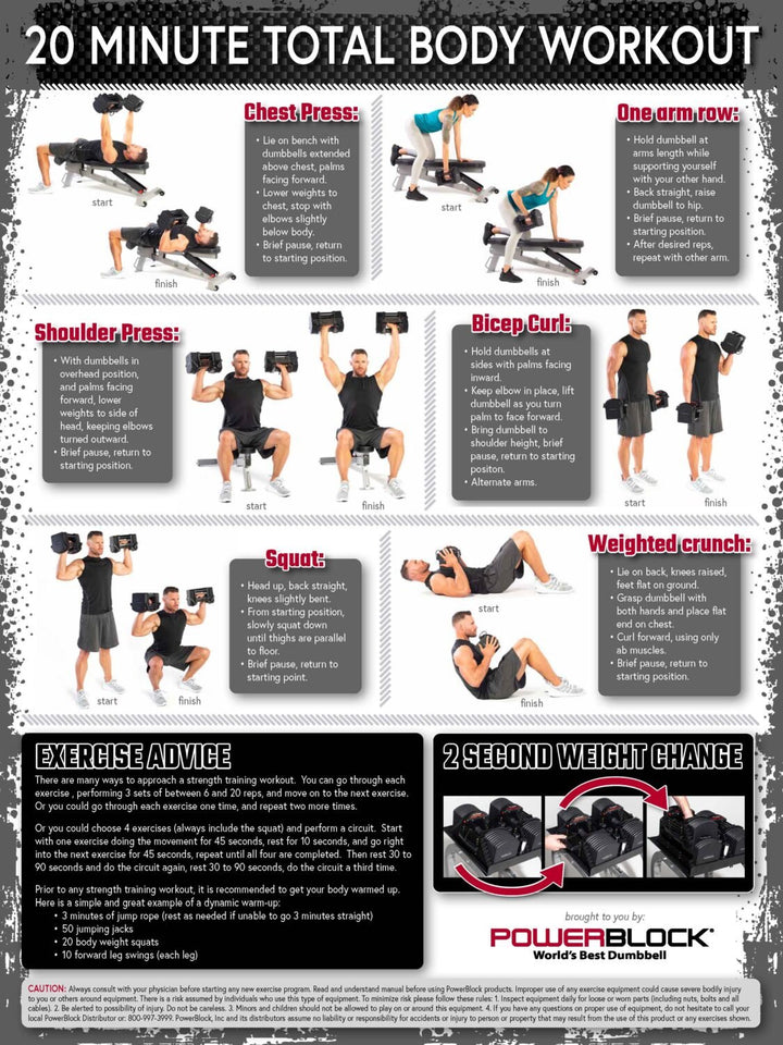 Closeup of the PowerBlock 20-Minute Total Body Workout Poster, which comes in a 3-pack.