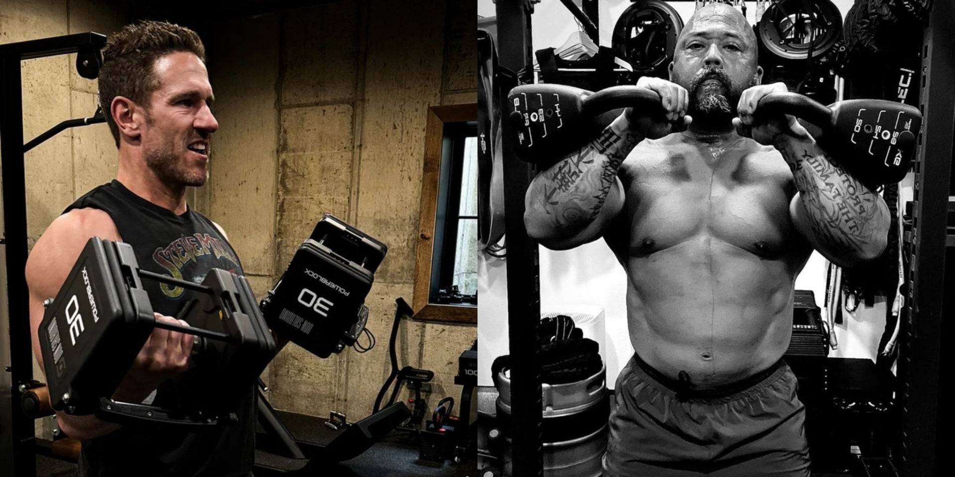 Professional trainers lifting with PowerBlock adjustable dumbbells and adjustable kettlebells