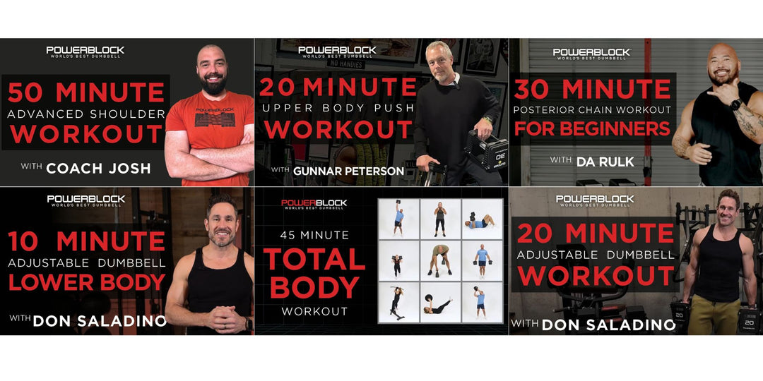 Pro trainers and workout video thumbnails for powerblock adjustable dumbbells