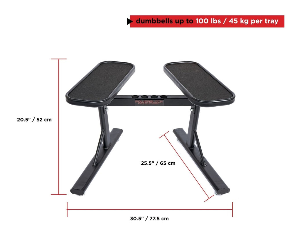 PowerBlock PowerMax 2.0 adjustable dumbbell stand holds dumbbells up to 100 pounds. Stand showes dimensions. 30.5 inches wide, 20.5 inches tall, and 25.5 inches deep.  Stand metric dimensions are 52 centimeters tall, 77.5 centimeters wide, and 65 centimeters deep.
