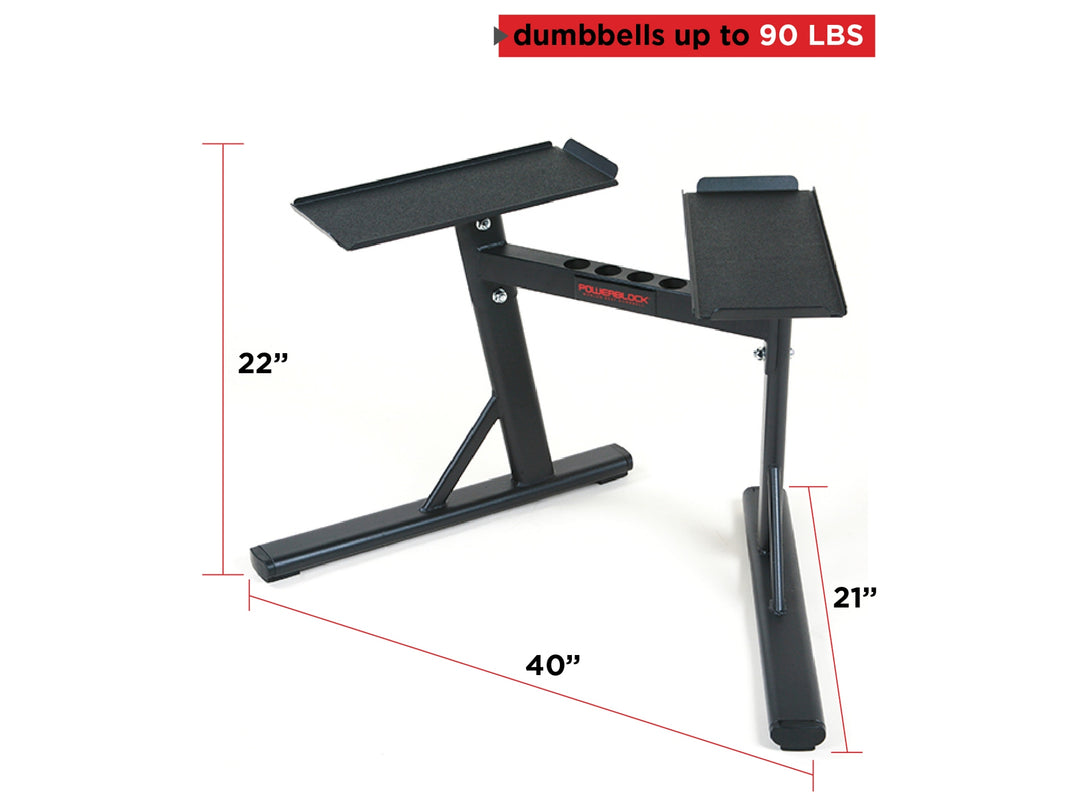 PowerBlock PowerMax dumbbell stand view from front, 40 by 21 by 22 inches. Dumbbells up to 90 pounds each.