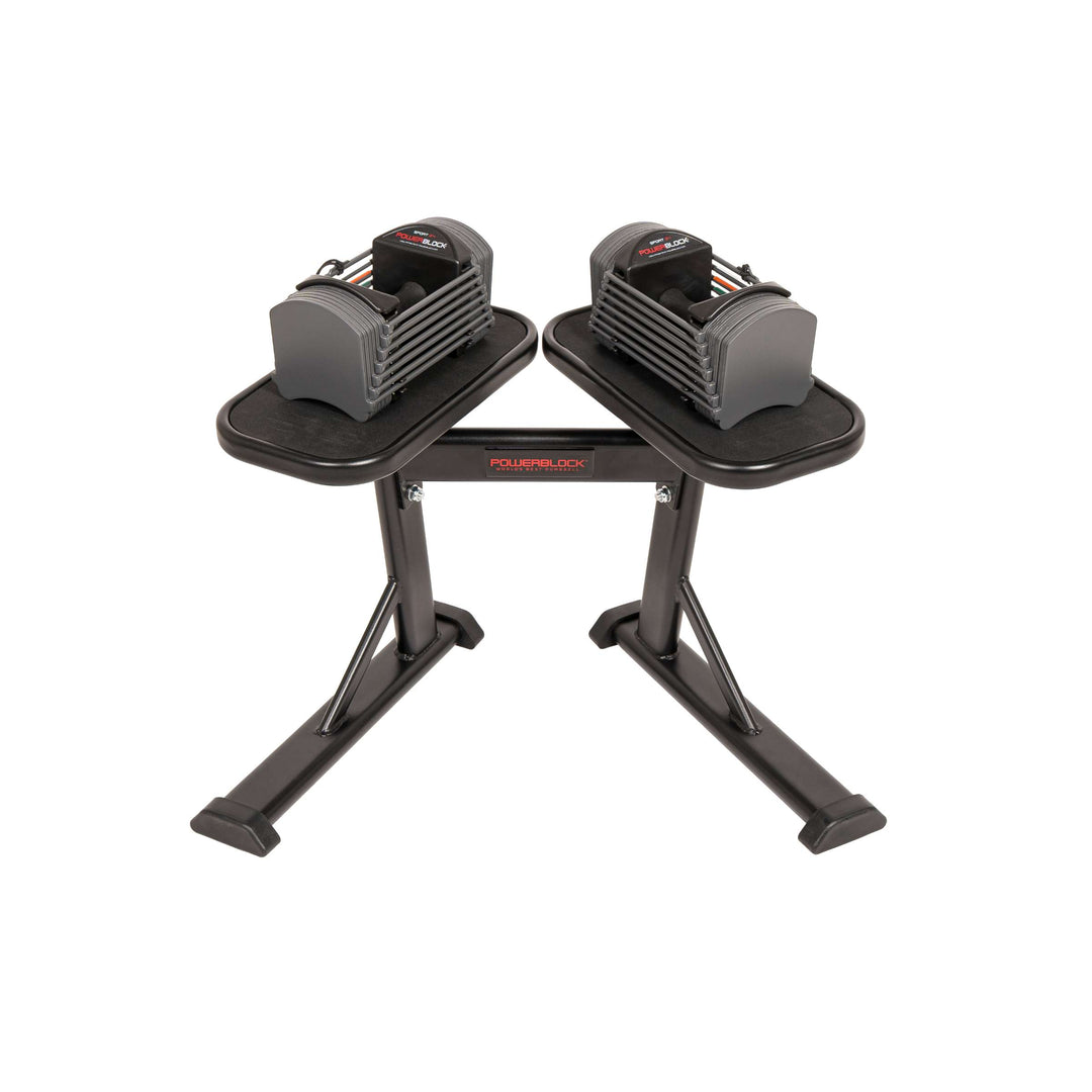 PowerBlock Sport 24 adjustable dumbbells on a PowerMax 2.0 stand  