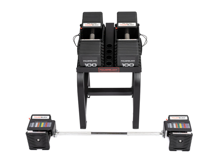 PowerBlock Pro 100 Complete Bundle, with Complete Pro 100 adjustable dumbbell, Home rack stand, and Pro 100 Straight Barbell.