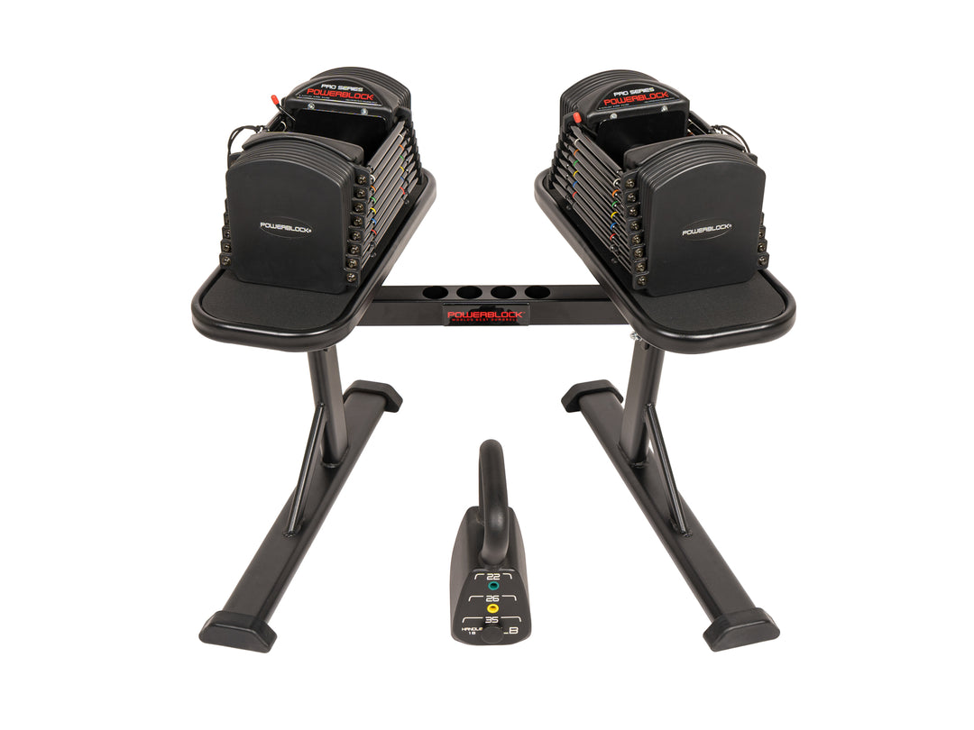 PowerBlock Pro 50 adjustable dumbbells from 5 to 50 pounds on a PowerMax  2.0 stand with an adjustable kettlebell with 4 weight increments. 