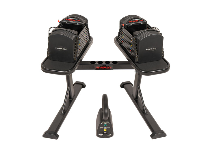 PowerBlock Pro 50 adjustable dumbbells from 5 to 50 pounds on a PowerMax  2.0 stand with an adjustable kettlebell with 4 weight increments. 