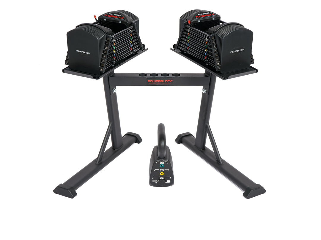 PowerBlock Pro 50 PowerMax Bundle, Pro 50 adjustable dumbbell, PowerMax dumbbell stand, and Light adjustable kettlebell.