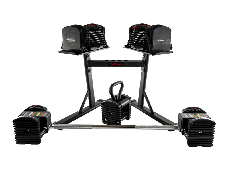 PowerBlock Pro 50 adjustable dumbbell set with stand, kettlebell handle, and straight bar