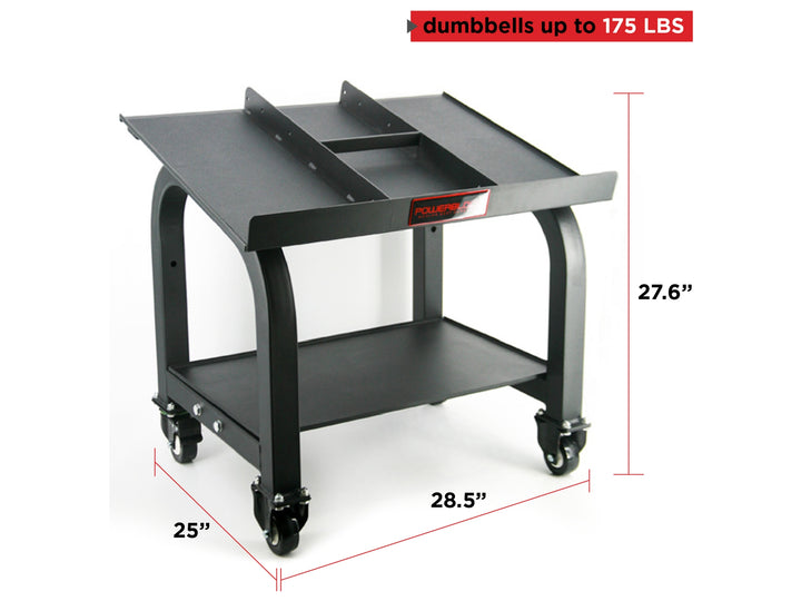 PowerBlock Pro Max dumbbell stand view from front, 28 by 25 by 27.6 inches. Dumbbells up to 175 pounds.