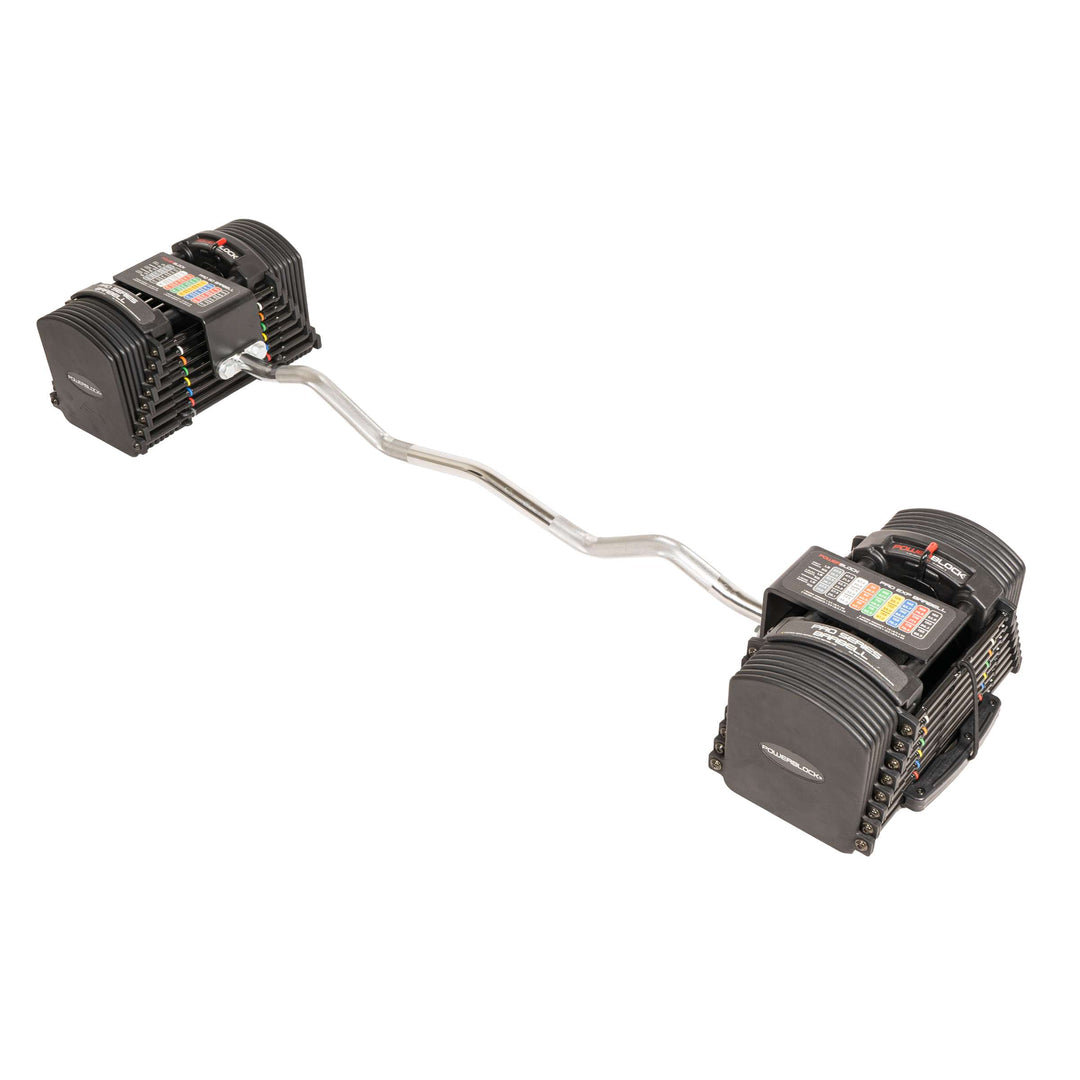 Pro Series EZ Curl Bar and handles attached to a pair of PowerBlock Pro 50 adustable dumbbells