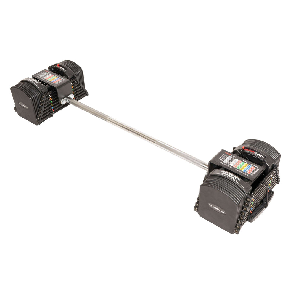 PowerBlock Pro Series Straight Bar shown with a pair of Pro 50 adjustable dumbbells