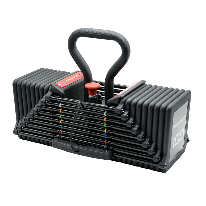 PowerBlock pro 100 adjustable kettlebell handle attached to an adjustable dumbbell