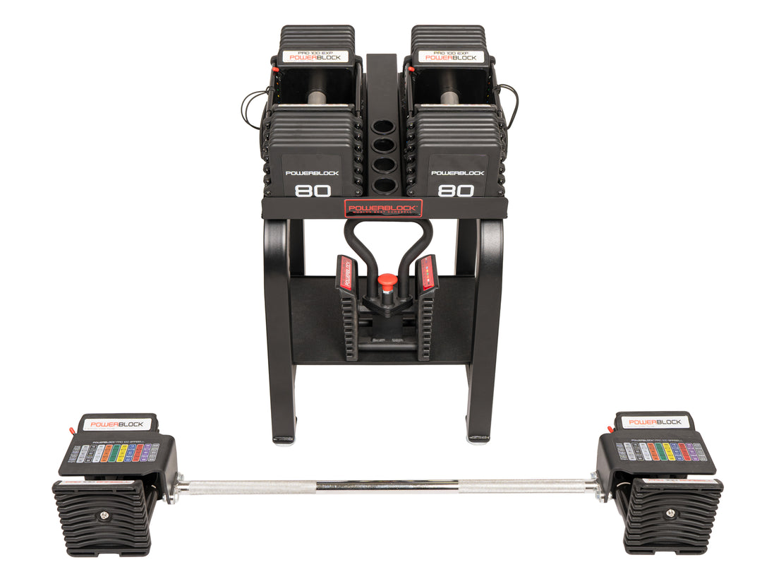 PowerBlock Pro 100 stage 3 adjustable dumbbell bundle. Includes pair of 5 to 80 lb dumbbells, a kettlebell handle, and straight bar.