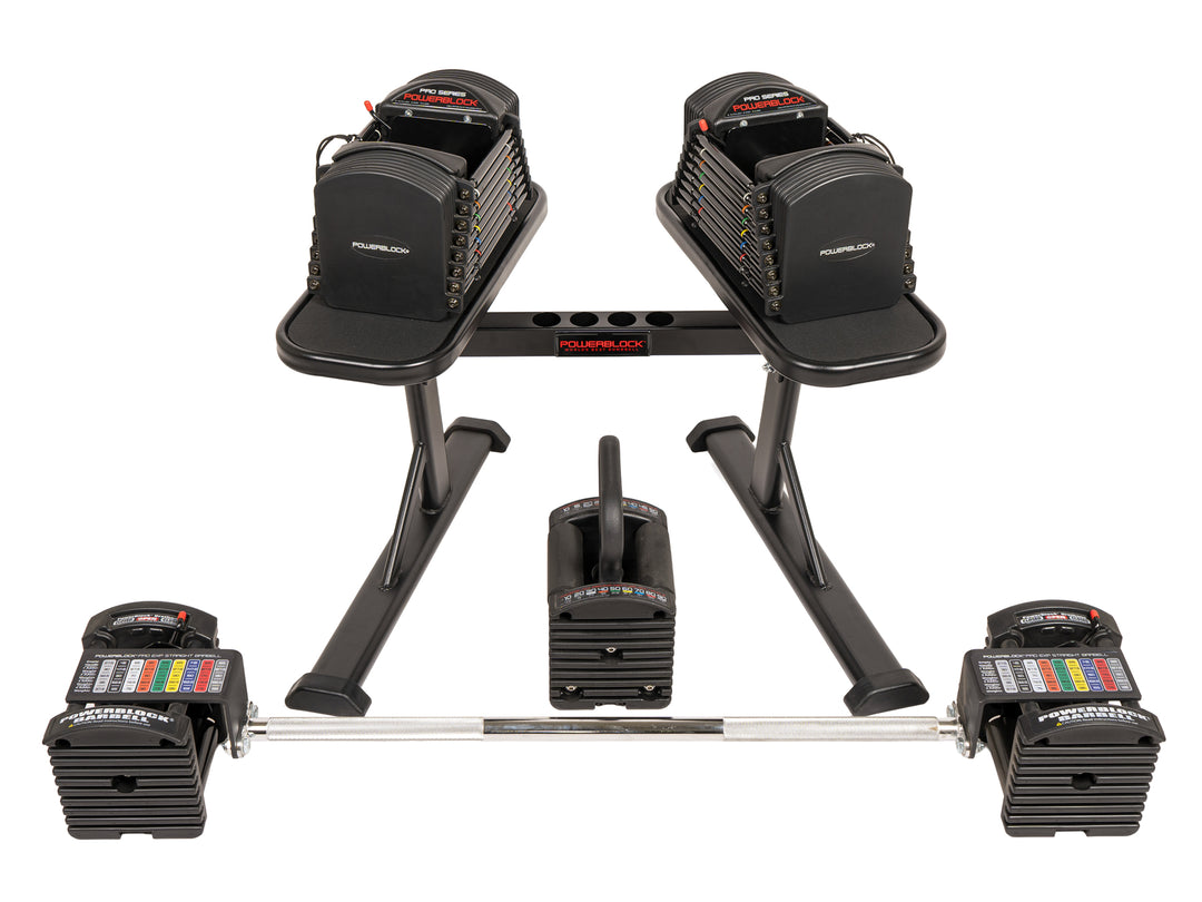 PowerBlock Pro 50 full kit adjustable dumbbell bundle, with stand, kettlebell handle, and straight barbell. 