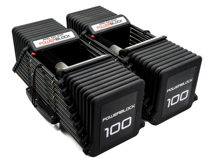 PowerBlock Pro 100 EXP Stage 4 weight stack with knurled grips.