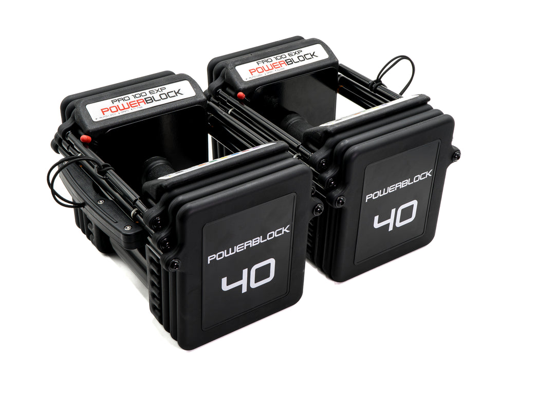 PowerBlock Pro 100 EXP Stage 1 weight stack with TPR grips.