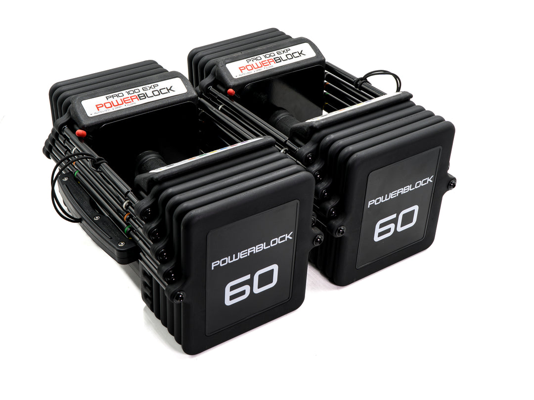 PowerBlock Pro 100 EXP Stage 2 weight stack with TPR grips.