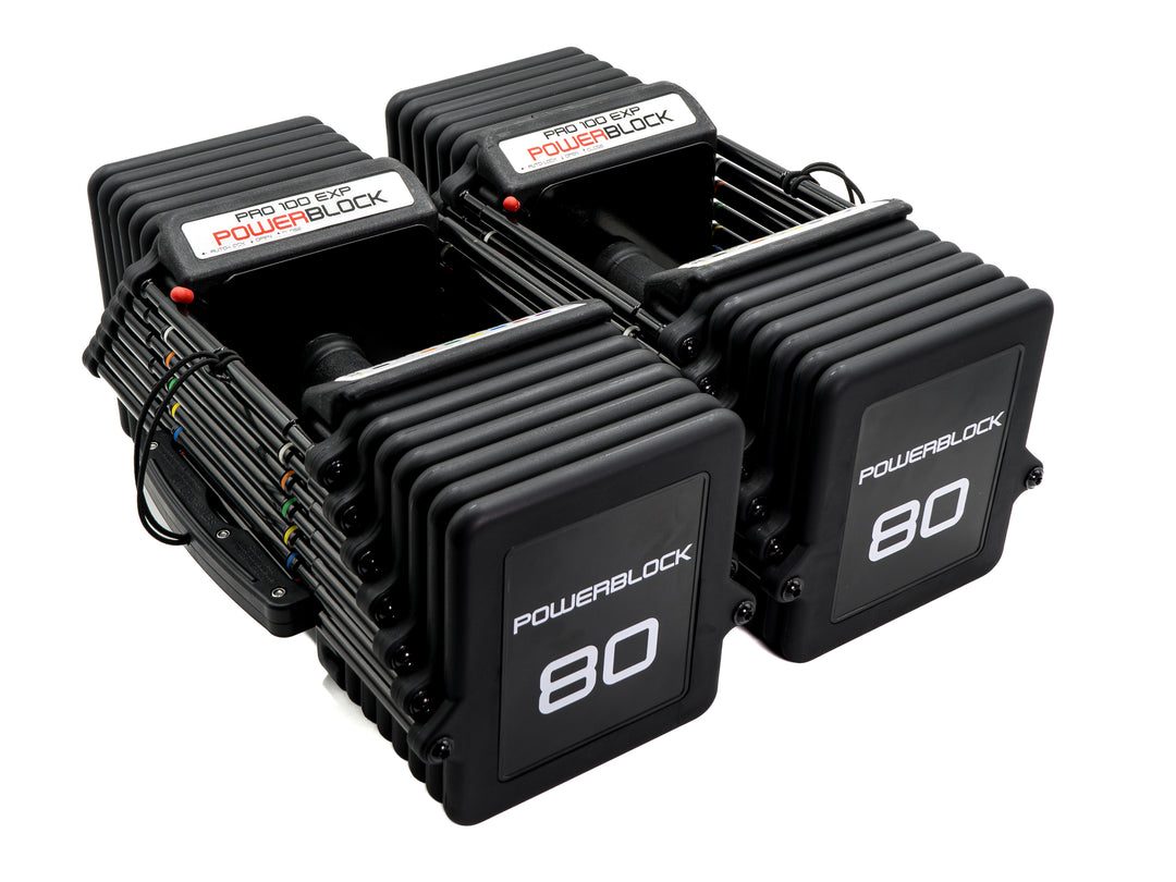 PowerBlock Pro 100 EXP Stage 3 weight stack with TPR grips.