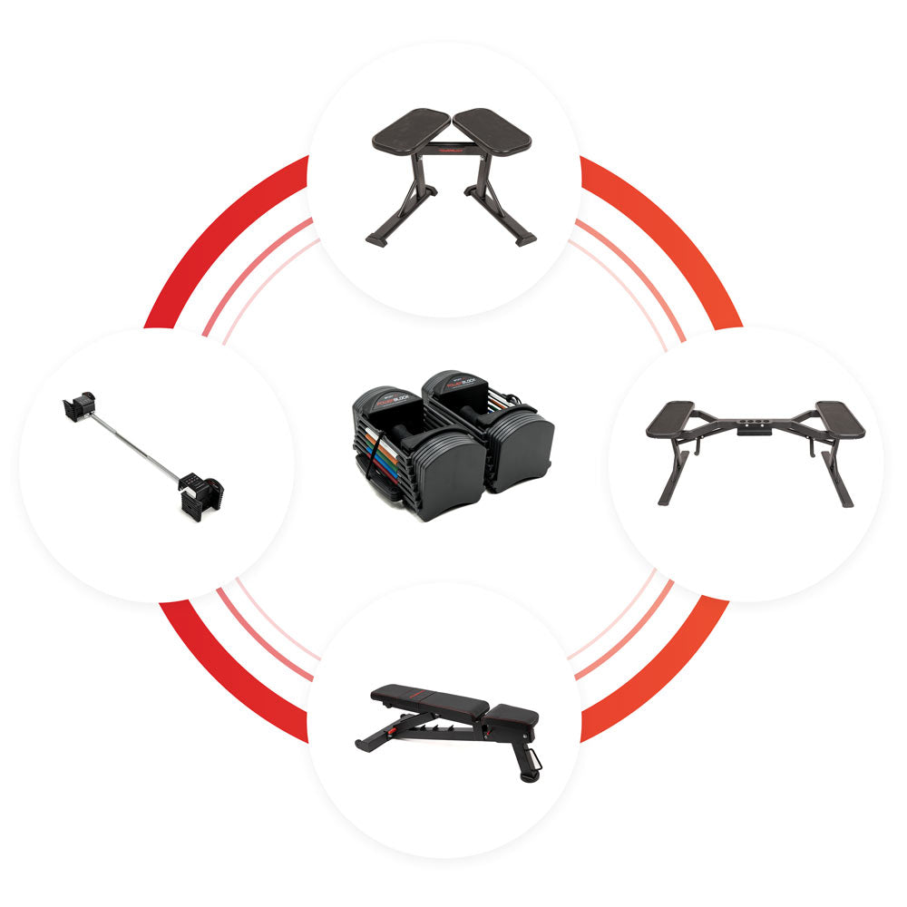 Graphic showing the compatible products with the Sport 24, a stand, barbell stand, barbell, and a bench. All products to complete your home gym ecosystem.