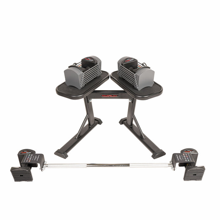 PowerBlock Sport 24 adjustable dumbbells on a powerstand 2.0 with a sport 24 barbell below. The complete adjustable dumbbell and barbell bundle is shown in a small compact footprint