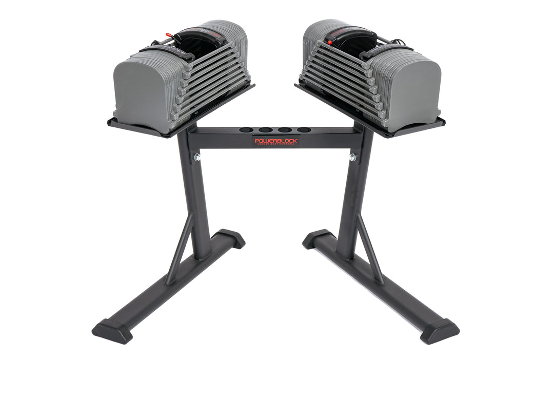 The PowerBlock Sport EXP Bundle, with Sport EXP adjustable dumbbells and PowerMax Stand.