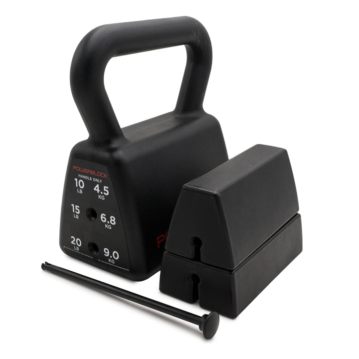Black kettlebell showing the handle, weight stack on the side and magnetic selector pin in front. 