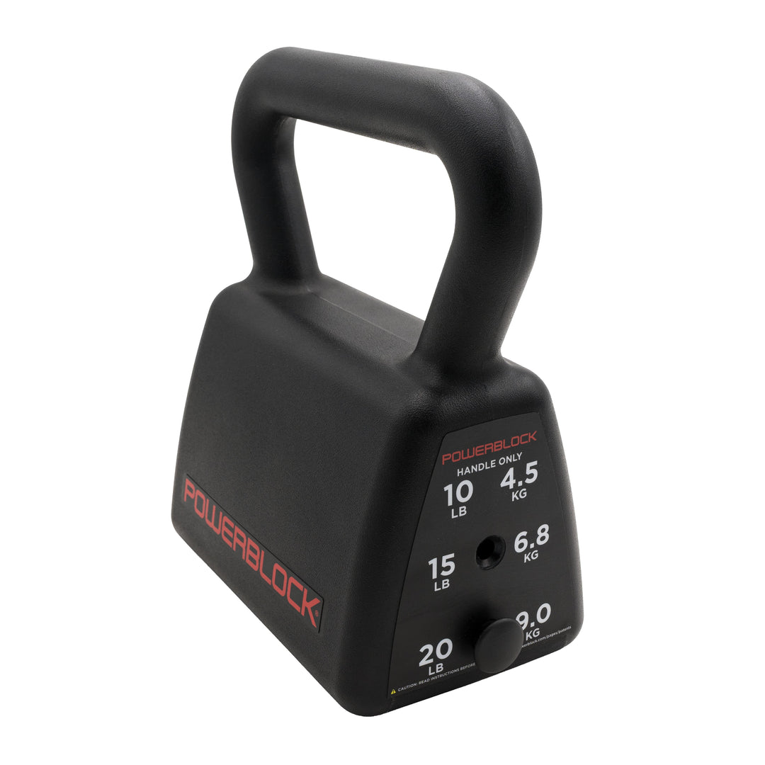 Black kettlebell showing fully stacked with the pin in place.. 