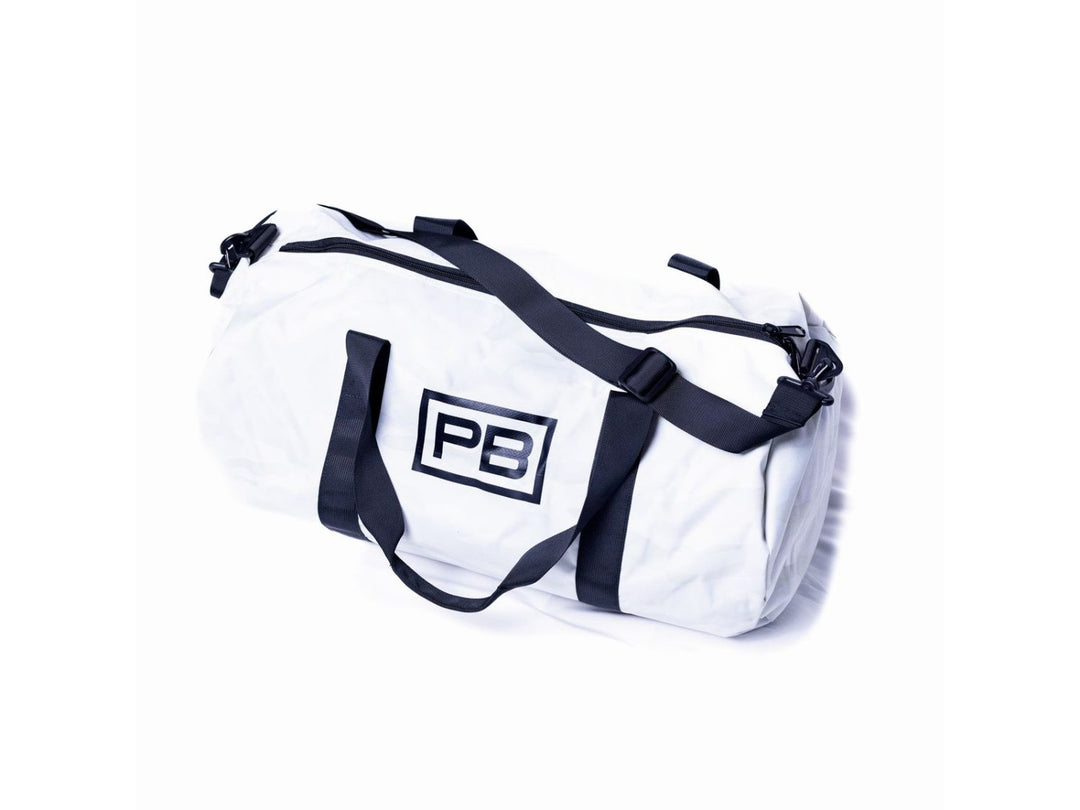 PowerBlock white duffle bag laying flat