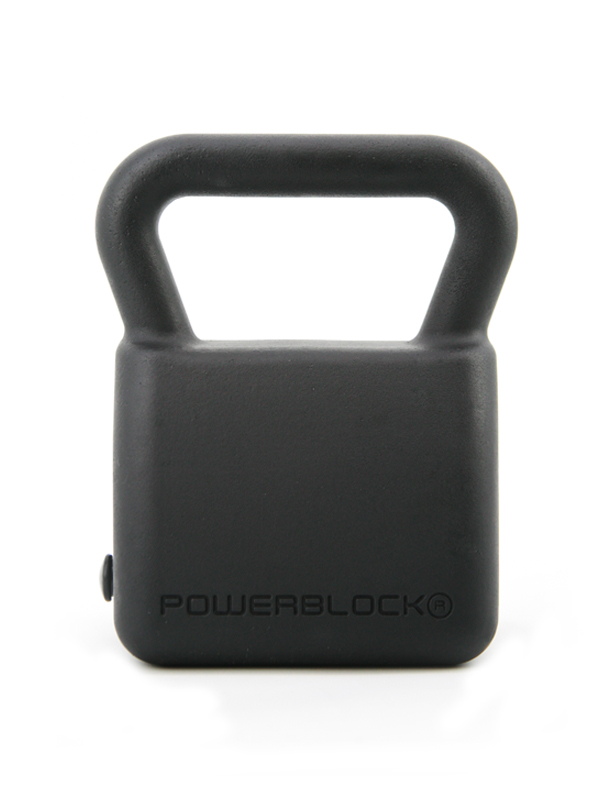 The side of PowerBlock’s 18 pound to 35 pound adjustable kettlebell.