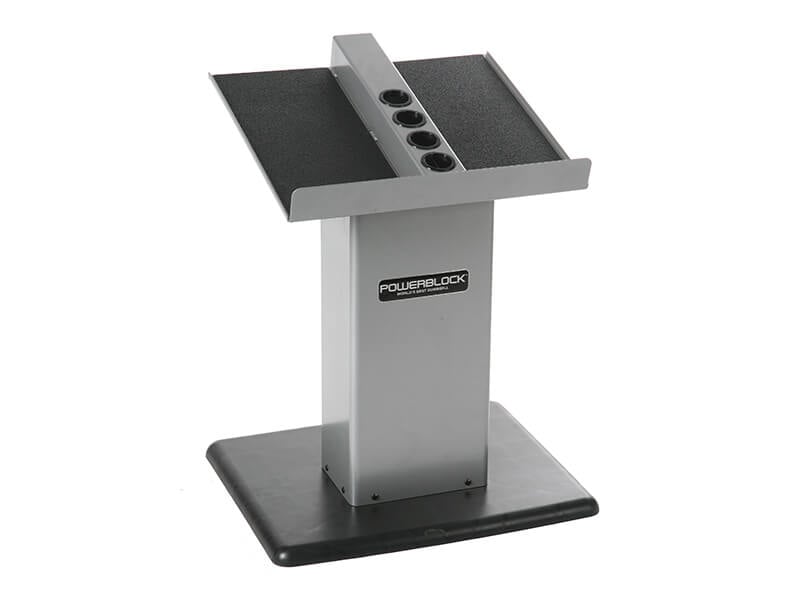 The PowerBlock Large Column Stand, available n gray and black, holds dumbbells up to 90 pounds.