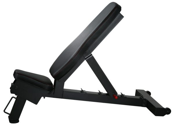 A profile view of an inclined PowerBlock Power Bench, a commercial grade addition to any gym setup.