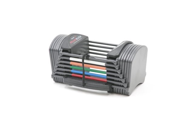 A PowerBlock Sport 24 adjustable dumbbell, available in classic gray, light blue or lavender.