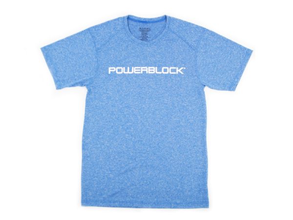 PowerBlock's Men's Training Tee, a blue T-shirt made from 100% polyester.
