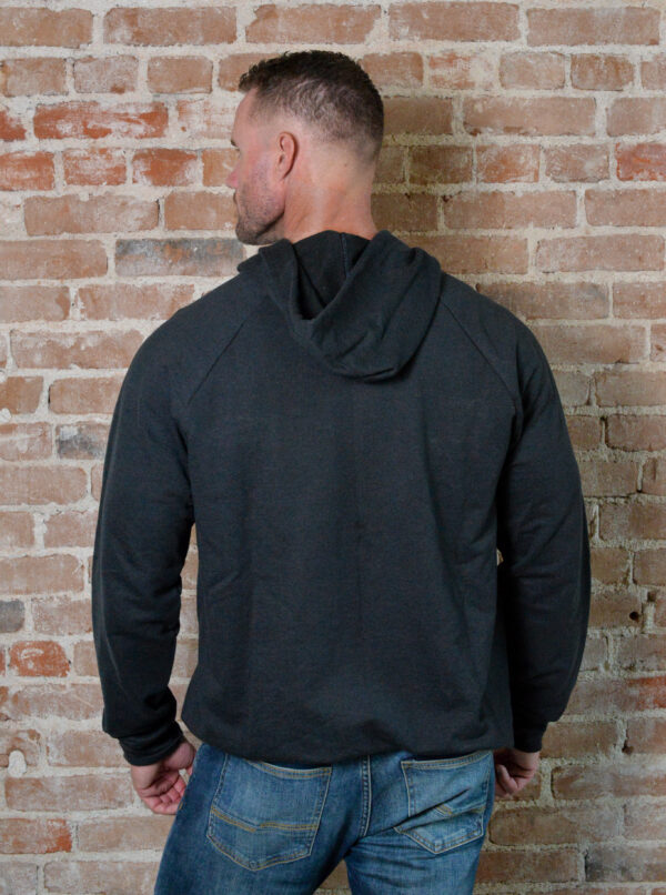 The PowerBlock Hooded Sweatshirt, shown on a model in black from the back.