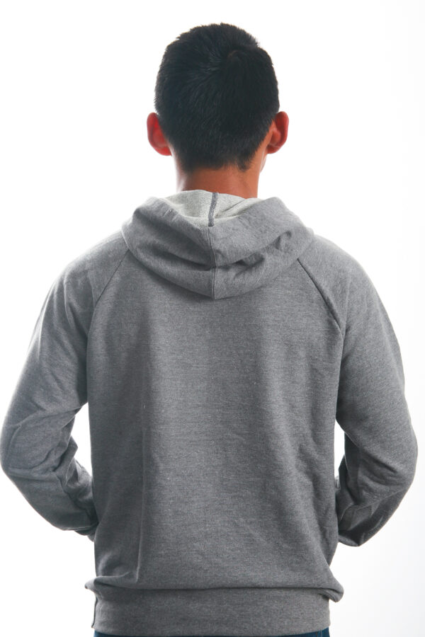 Back view of the PowerBlock Hooded Sweatshirt, shown in gray.