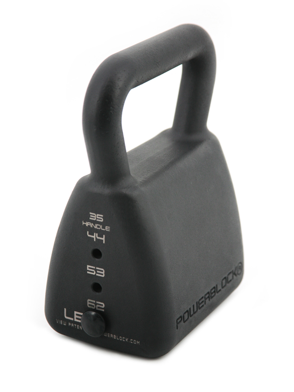 Angled view of a PowerBlock Pro Adjustable Kettlebell, adjustable from 35 to 62 pounds.