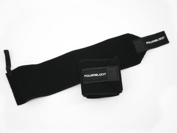 A pair of PowerBlock wrist wraps, one looped shut and one unwrapped to demonstrate dimensions.