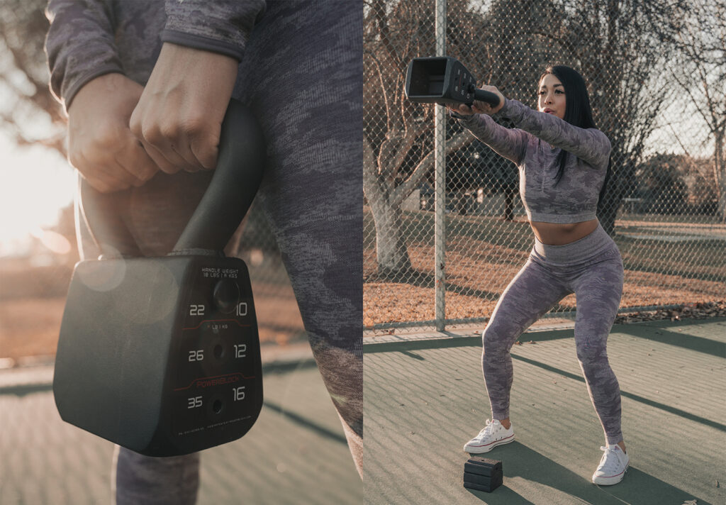 On the left: PowerBlock’s adjustable kettlebell. On the right: a woman performing kettlebell swings.