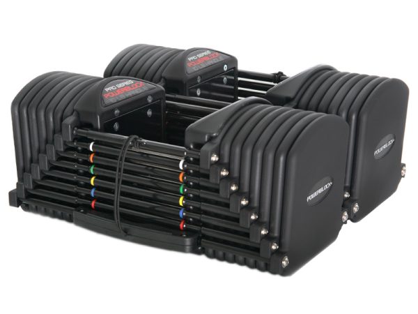 A PowerBlock Commercial Pro 90 non-expandable dumbbell set. A stand is included with purchase.