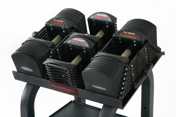 The Commercial Pro 90 set of adjustable dumbbells on their included stand.