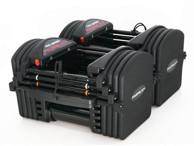 A set of PowerBlock adjustable dumbbells, which are portable, versatile and cost-effective.