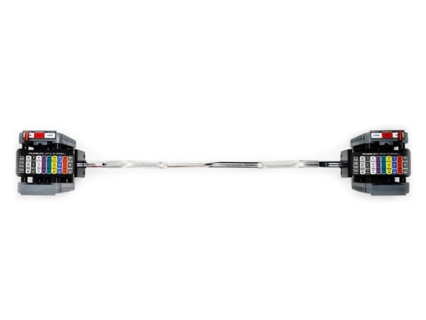 Overhead look at the PowerBlock Elite USA EZ Curl Bar, which adjusts from 25 to 195 lbs.