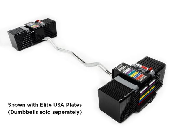 Shown with Elite USA plates, the PowerBlock Elite USA EZ Curl Bar adjusts from 25 to 195 lbs.